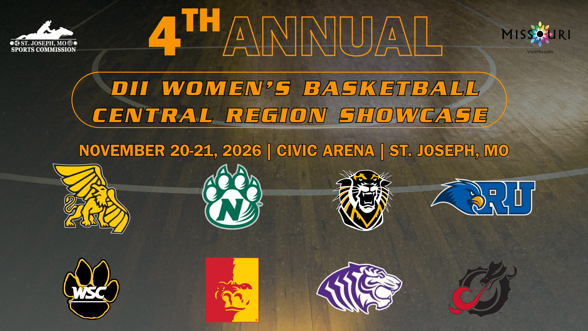 2026 NCAA Division II Women's Basketball Central Region Showcase at St. Joseph Civic Arena on November 20 and 21 featuring eight college basketball teams.