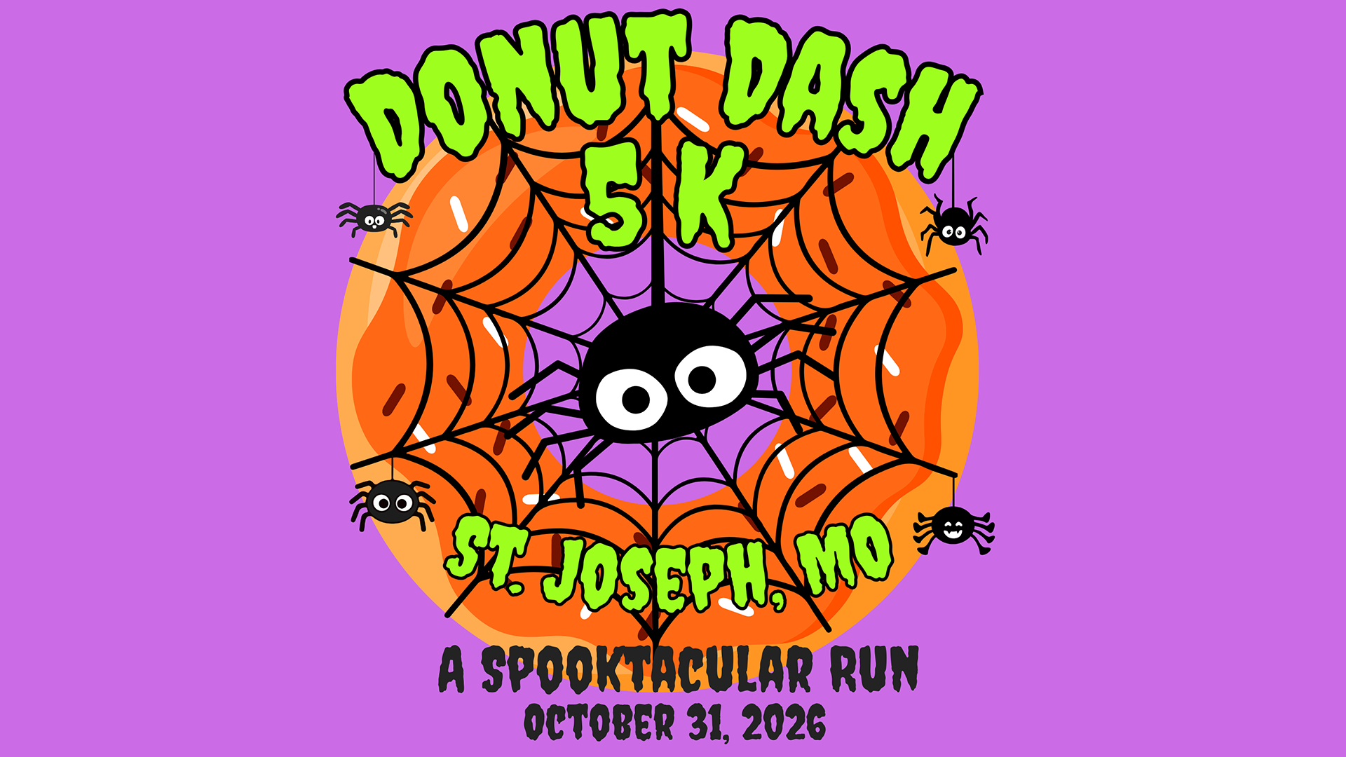 2026 Donut Dash 5K in St. Joseph, Missouri, on Saturday, October 31, featuring a Halloween-themed donut and spider web design.