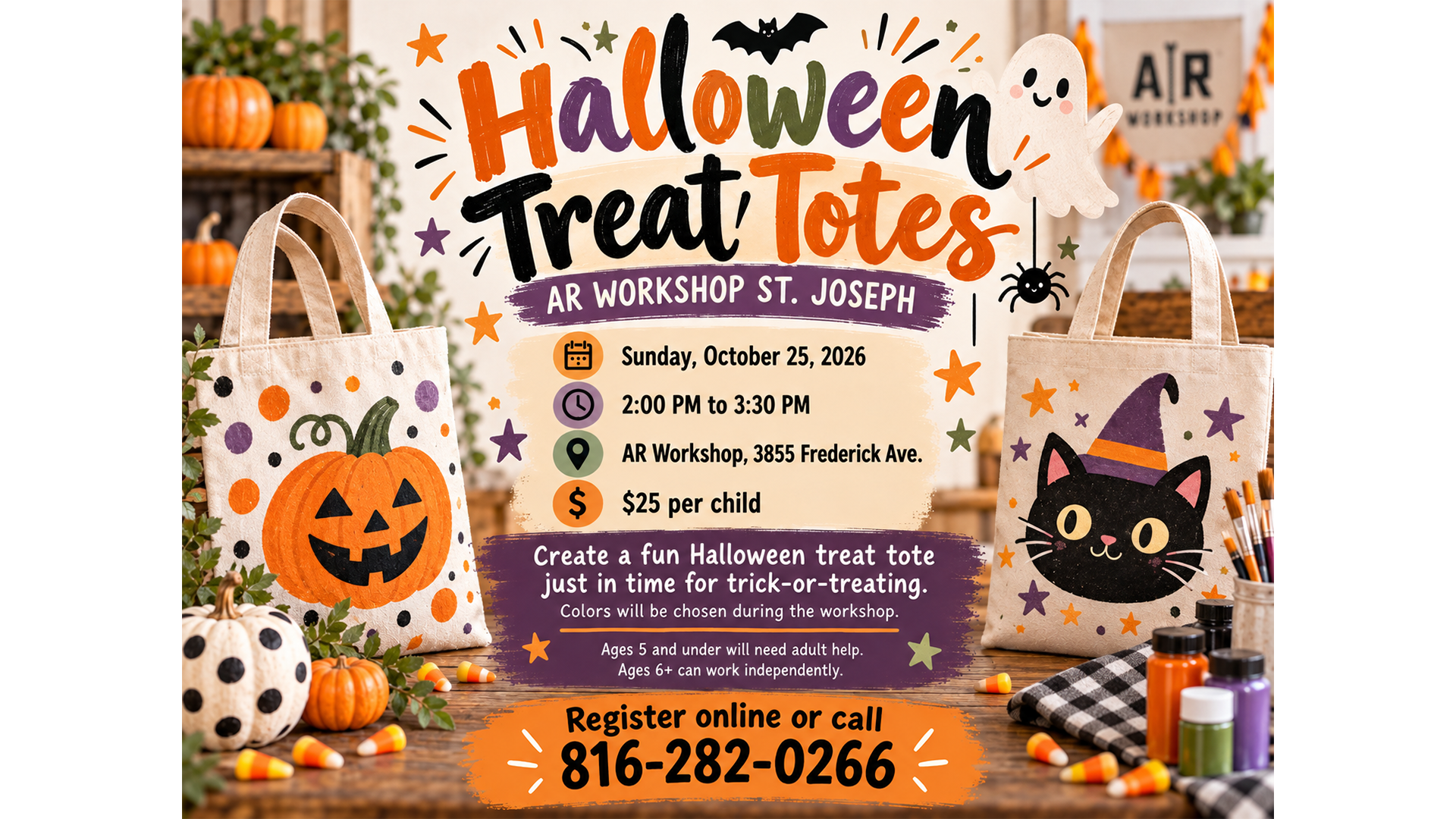 Halloween Treat Totes workshop at AR Workshop St. Joseph on Sunday, October 25, 2026.