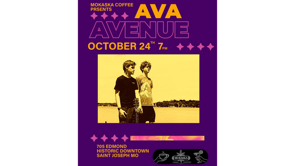 Ava Avenue performing at Mokaska Coffee in Downtown St. Joseph, Missouri, on Saturday, October 24, 2026.