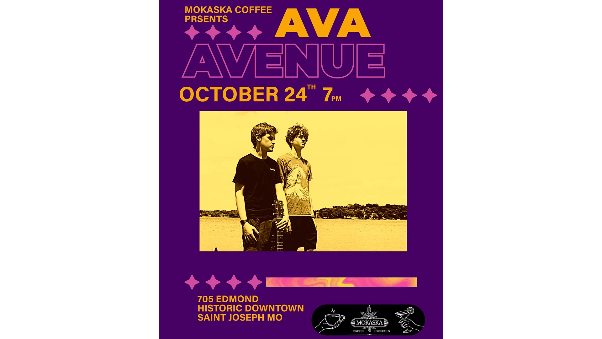 Ava Avenue performing at Mokaska Coffee in Downtown St. Joseph, Missouri, on Saturday, October 24, 2026.