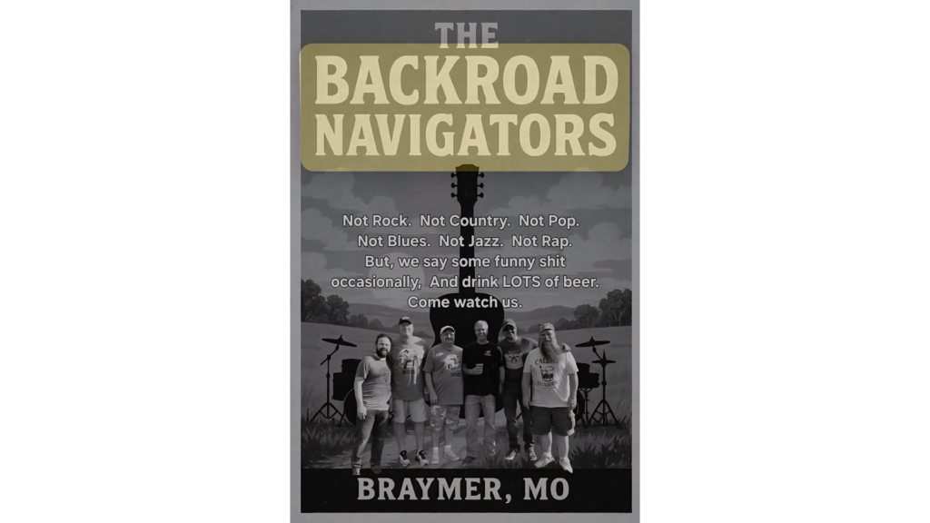The Backroad Navigators promotional poster for a live performance at Magoon's Famous Delicatessen in St. Joseph.