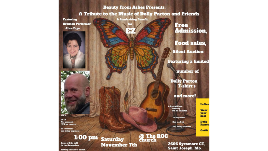 Promotional flyer for A Tribute to the Music of Dolly Parton and Friends fundraiser at ROC Church in St. Joseph on November 7, 2026.