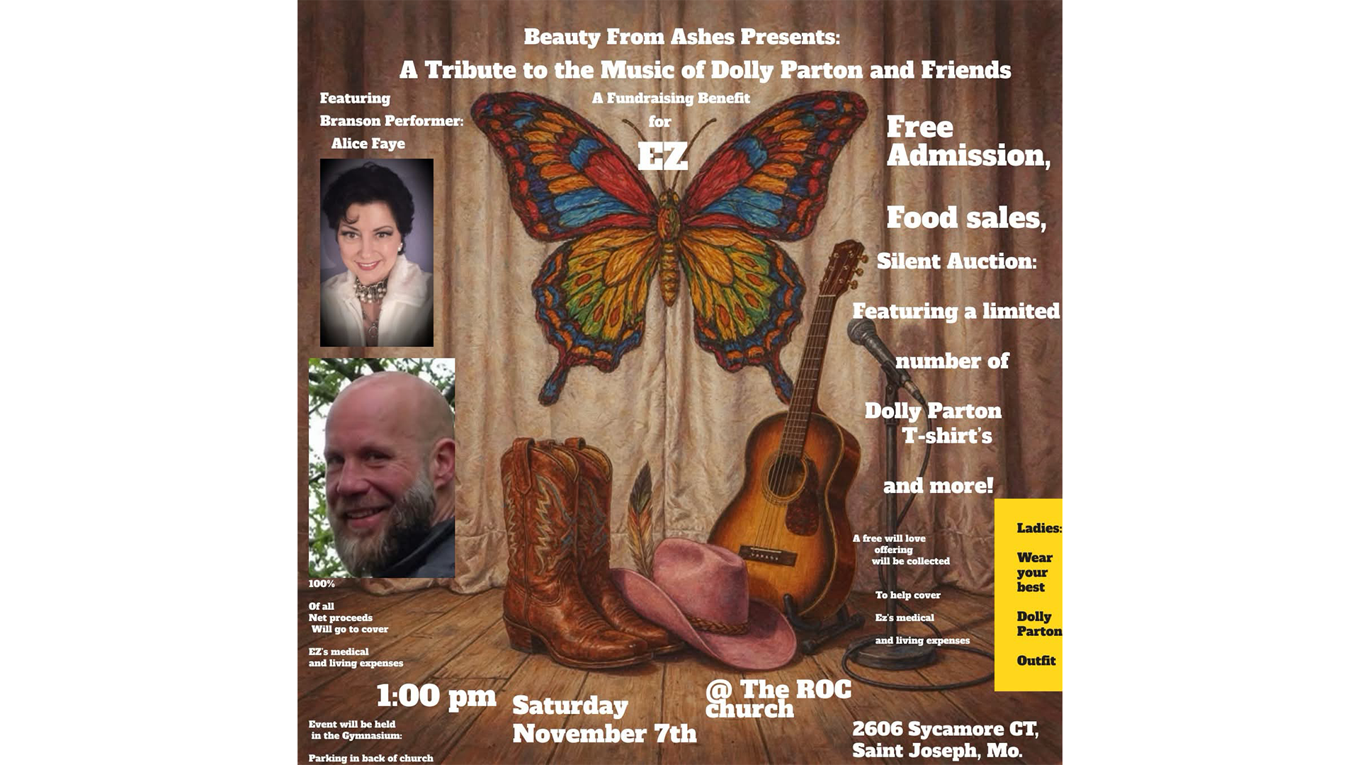 Promotional flyer for A Tribute to the Music of Dolly Parton and Friends fundraiser at ROC Church in St. Joseph on November 7, 2026.