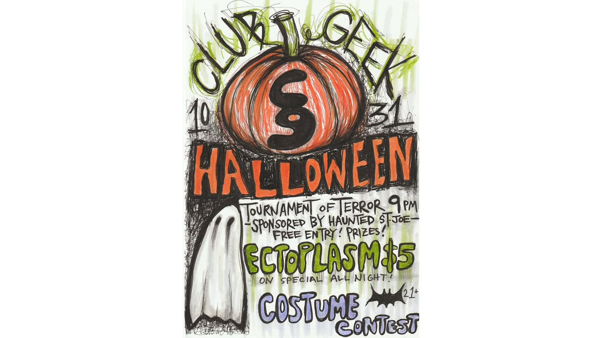 Halloween Night at Club Geek in St. Joseph on October 31, 2026, featuring the Tournament of Terror, a costume contest, and drink specials.