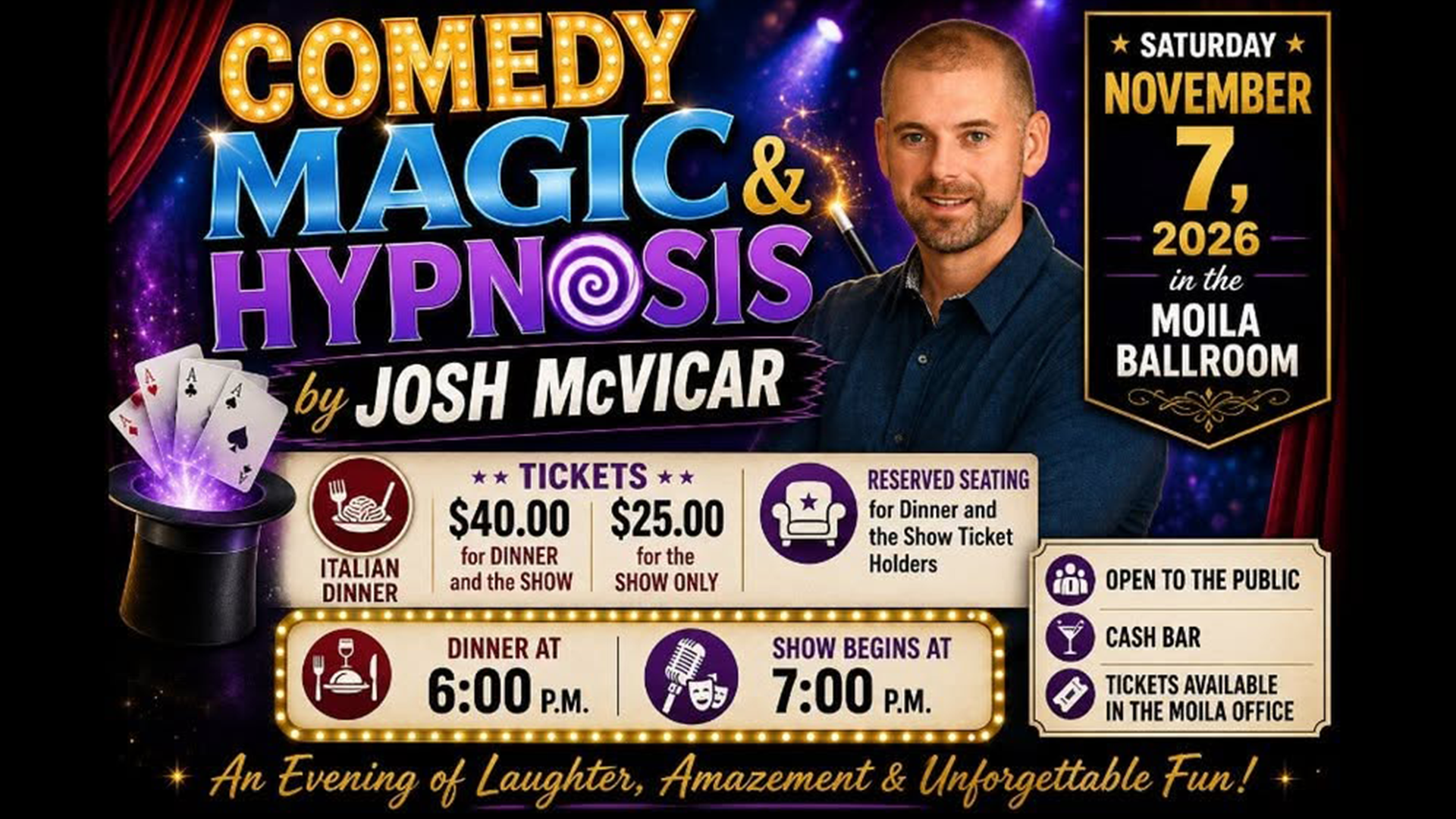 Comedy, Magic & Hypnosis with Josh McVicar at Moila Shriners in St. Joseph, Missouri, on November 7, 2026.