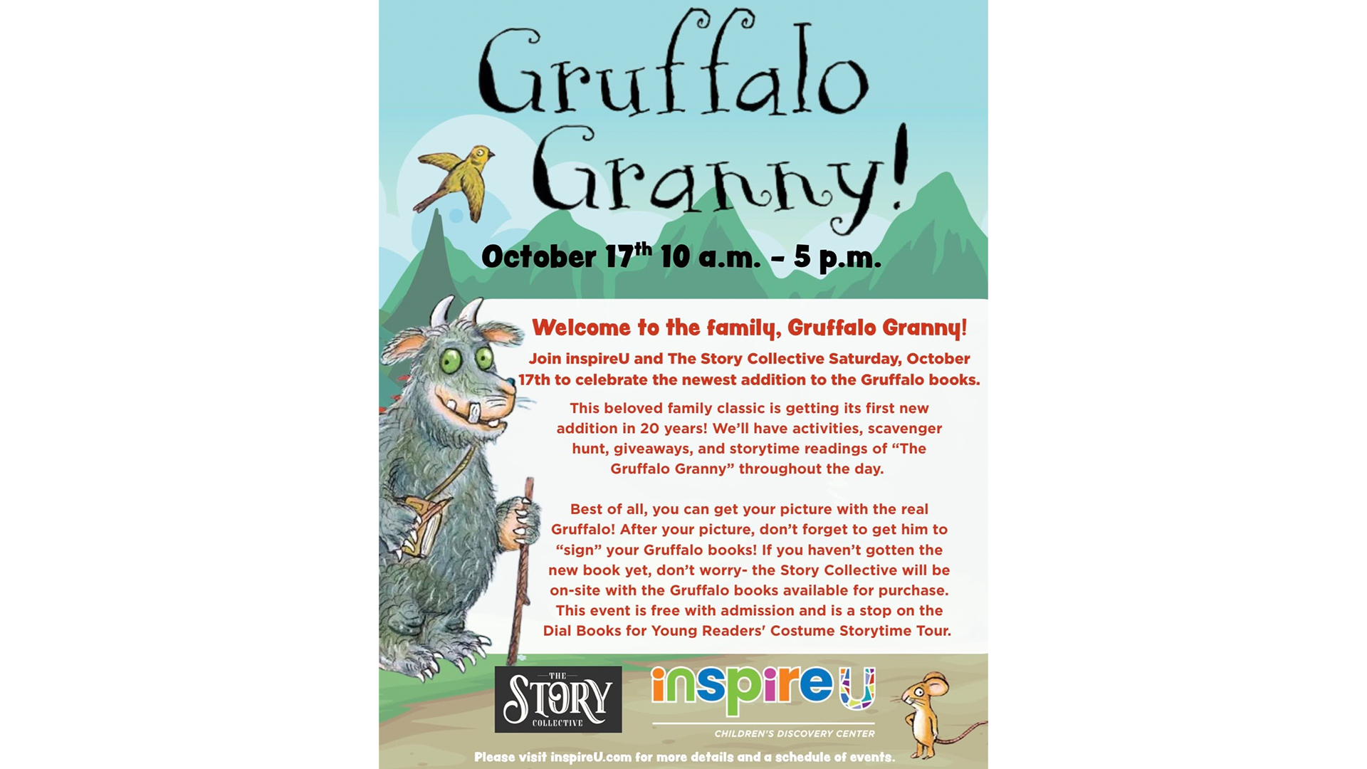 Gruffalo Granny Release Party at inspireU Children's Discovery Center in St. Joseph, Missouri, on October 17, 2026.