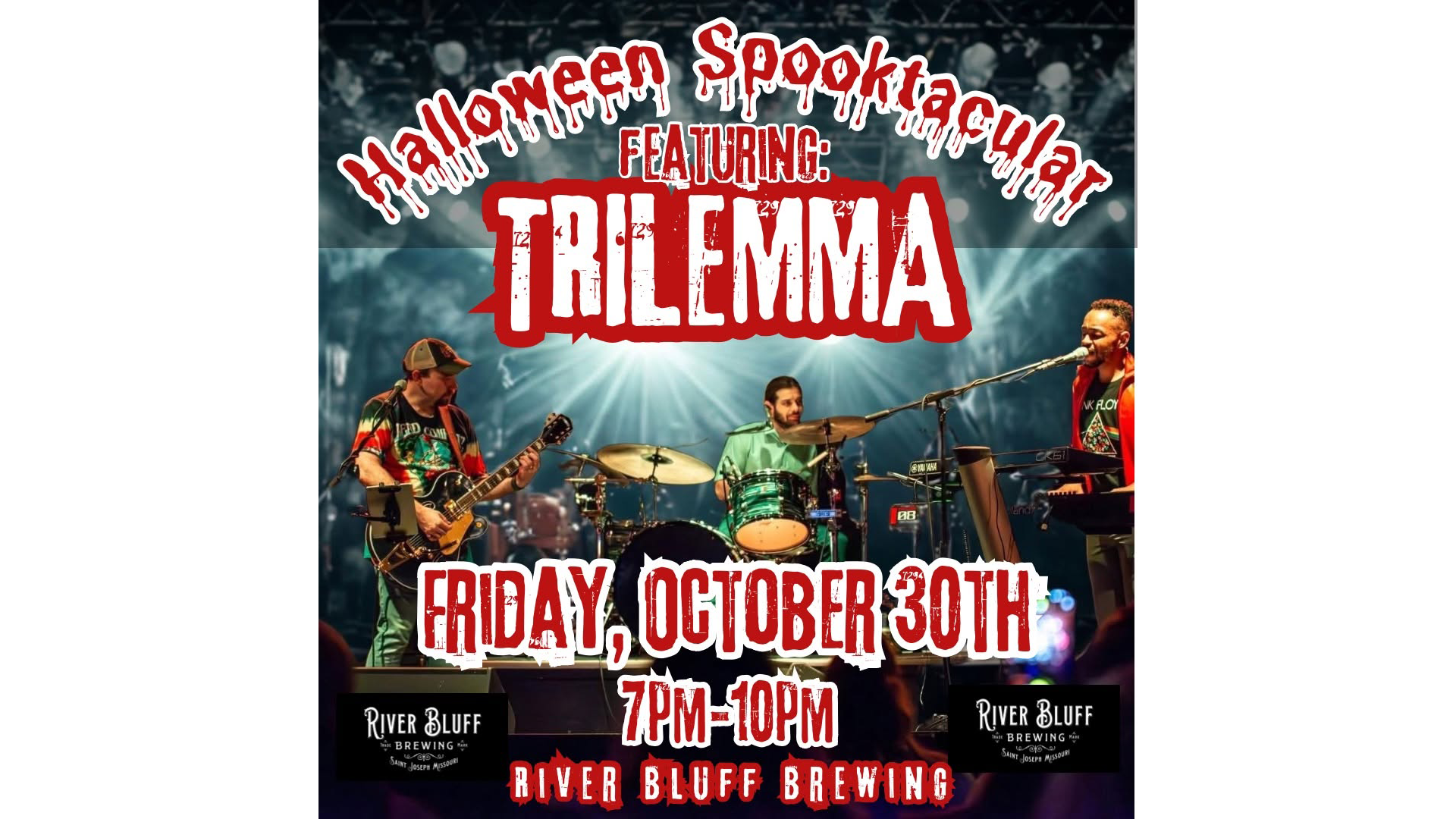 Halloween Spooktacular featuring Trilemma at River Bluff Brewing in St. Joseph on October 30, 2026.