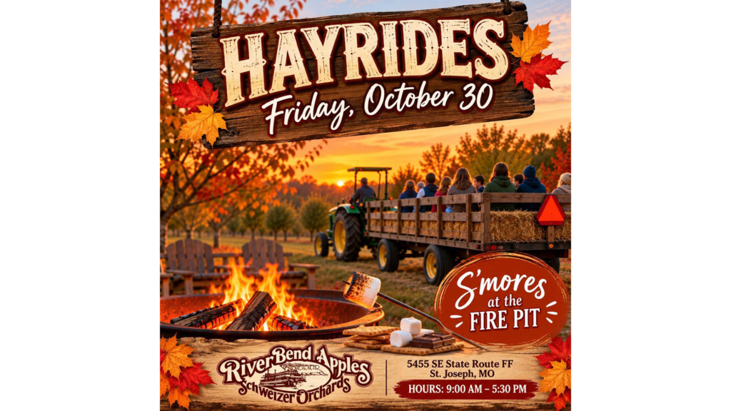 Hayrides and s'mores at Schweizer Orchards in St. Joseph on Friday, October 30, 2026.
