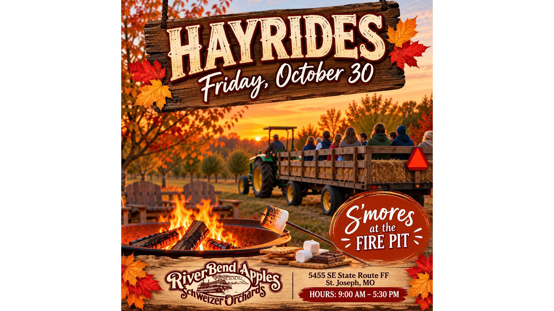 Hayrides and s'mores at Schweizer Orchards in St. Joseph on Friday, October 30, 2026.
