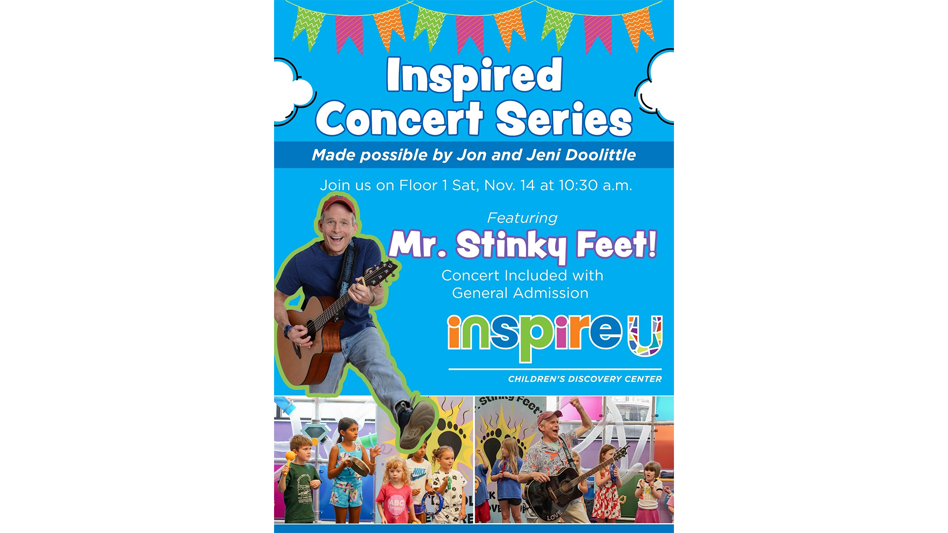 Mr. Stinky Feet concert at inspireU Children's Discovery Center in St. Joseph on Saturday, November 14, 2026, at 10:30 a.m.