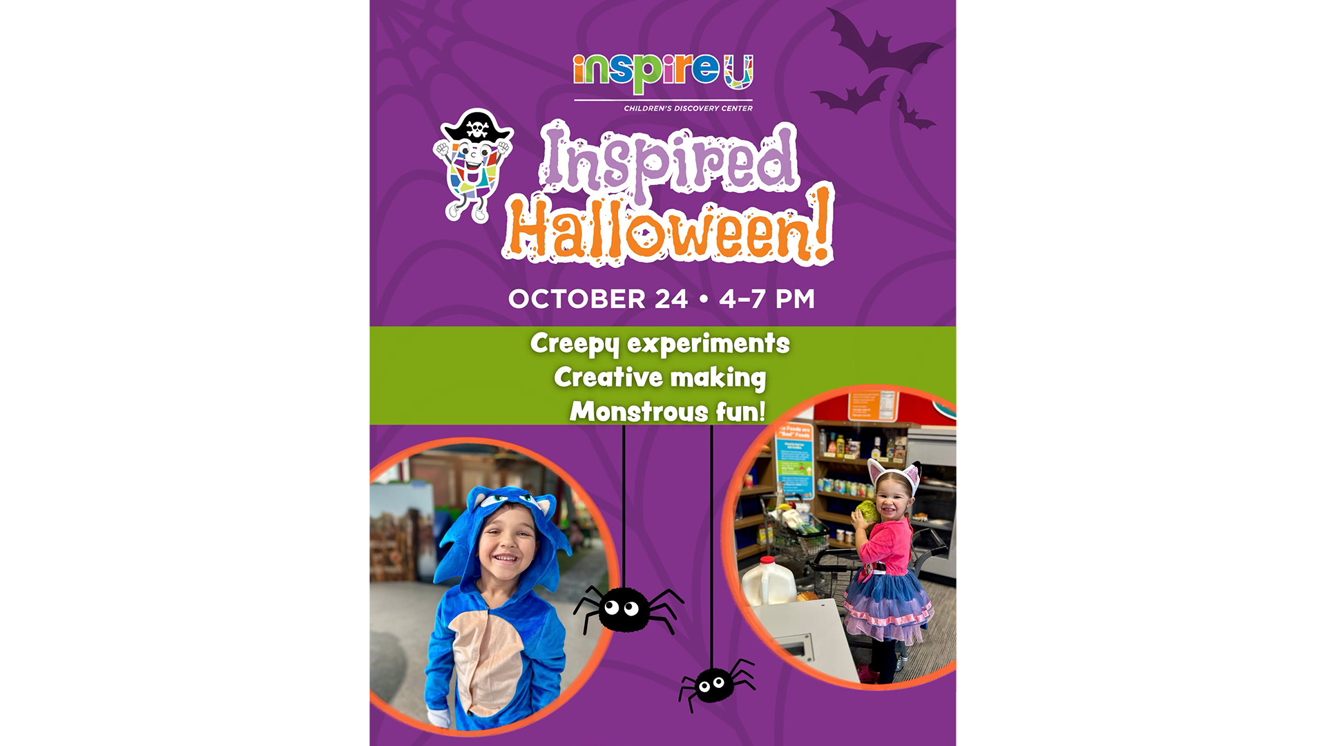 Inspired Halloween at inspireU Children's Discovery Center on October 24, 2026, featuring creepy experiments, creative making, and family fun.