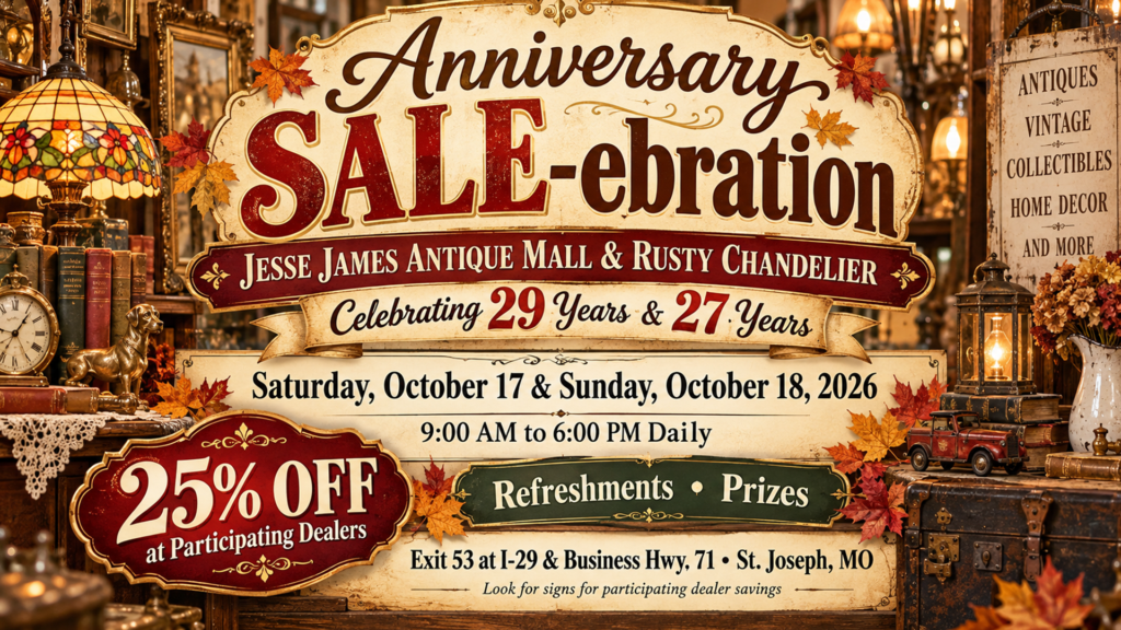 Anniversary SALE-ebration at Jesse James Antique Mall and Rusty Chandelier in St. Joseph, Missouri, October 17 and 18, 2026.