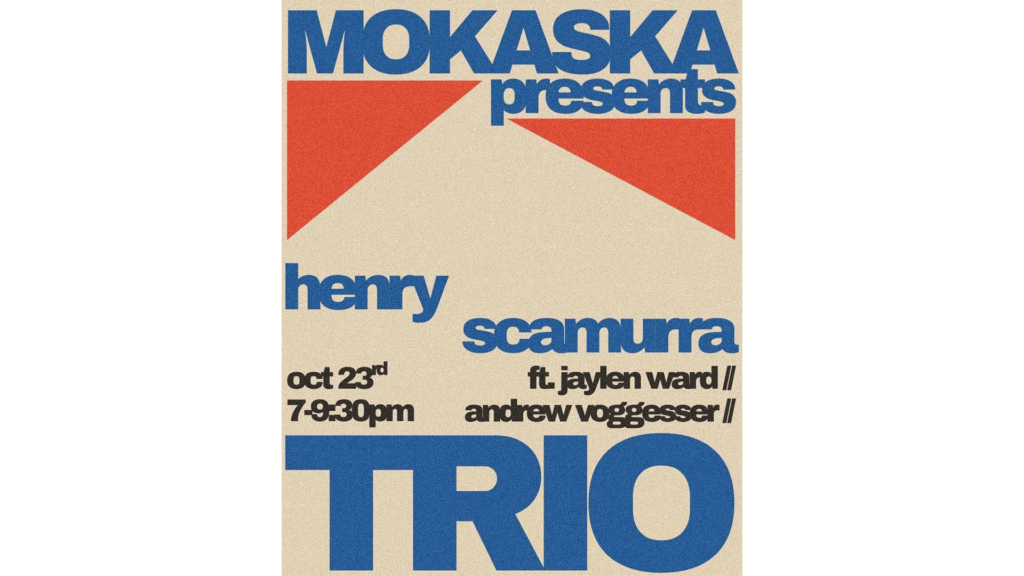 Live jazz trio featuring Henry Scamura, Jaylen Ward, and Andrew Voggesser at Mokaska Coffee in St. Joseph, Missouri, on October 23, 2026.