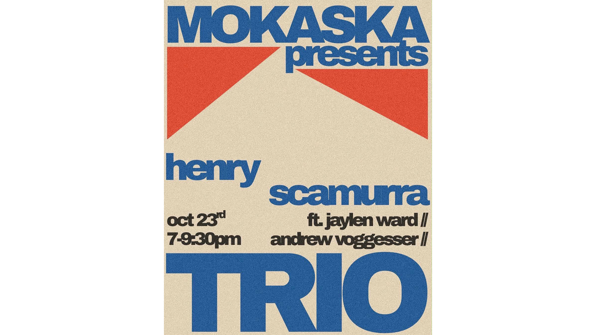 Live jazz trio featuring Henry Scamura, Jaylen Ward, and Andrew Voggesser at Mokaska Coffee in St. Joseph, Missouri, on October 23, 2026.