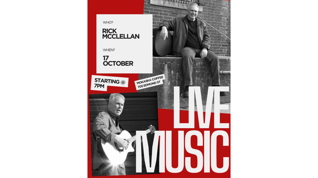 Rick McClellan performing live at Mokaska Coffee in Downtown St. Joseph, Missouri, on October 17, 2026.