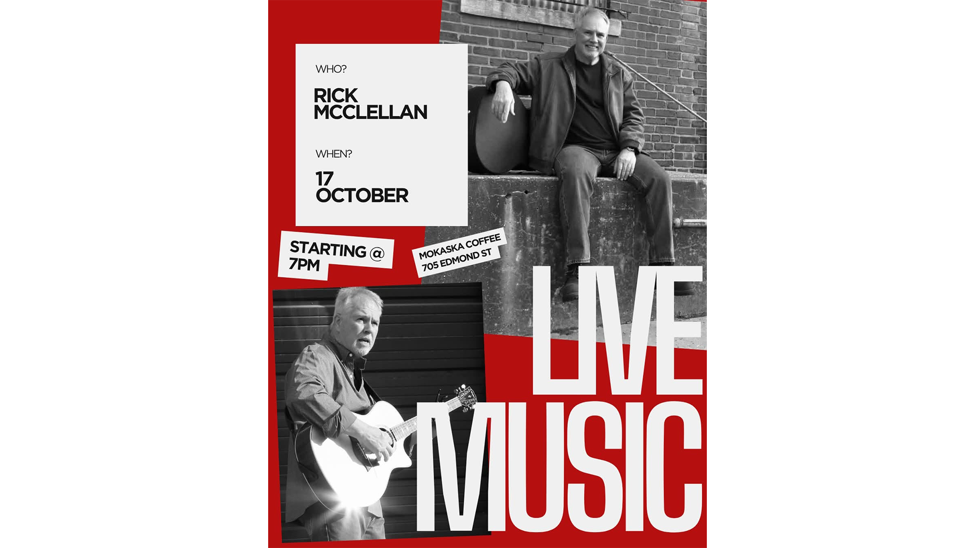 Rick McClellan performing live at Mokaska Coffee in Downtown St. Joseph, Missouri, on October 17, 2026.
