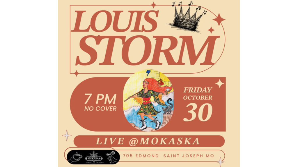 Louis Storm live at Mokaska Coffee in St. Joseph on Friday, October 30, 2026, at 7 p.m.
