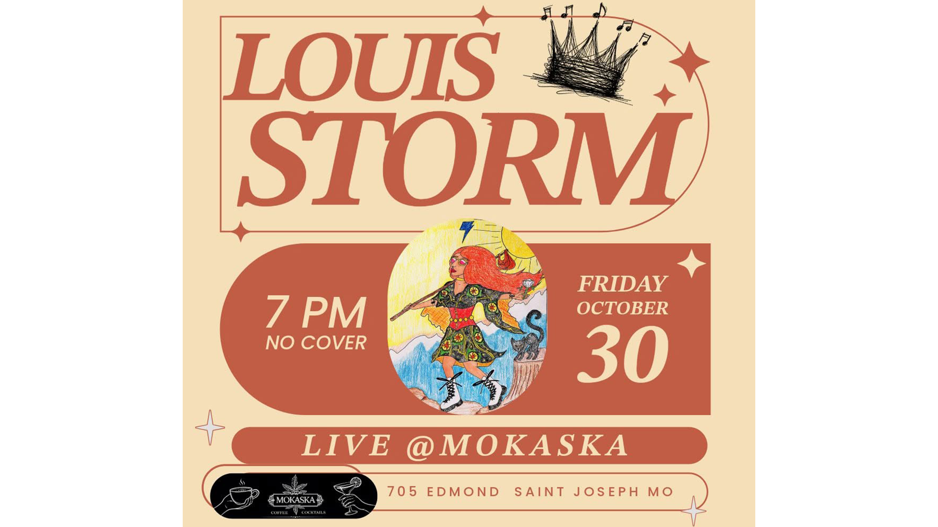 Louis Storm live at Mokaska Coffee in St. Joseph on Friday, October 30, 2026, at 7 p.m.