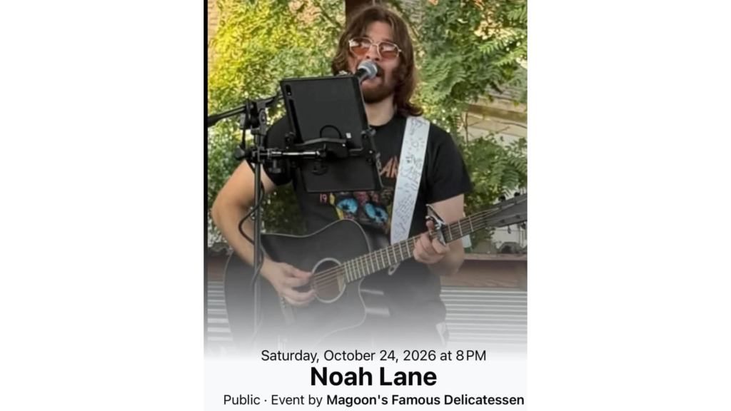 Noah Lane performing live at Magoon’s Famous Delicatessen in St. Joseph, Missouri, on Saturday, October 24, 2026, at 8:00 p.m.