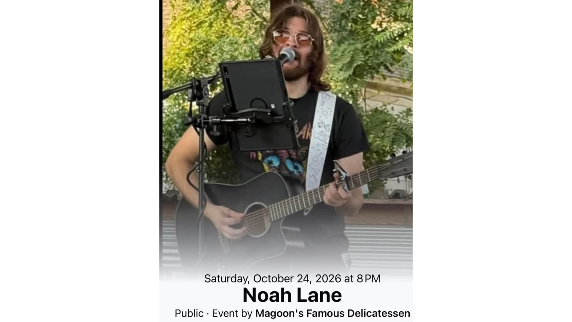 Noah Lane performing live at Magoon’s Famous Delicatessen in St. Joseph, Missouri, on Saturday, October 24, 2026, at 8:00 p.m.