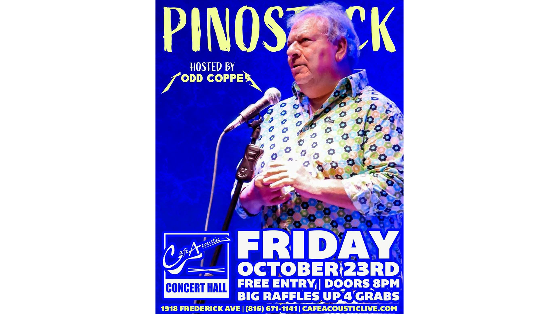 PinoStock at Café Acoustic Concert Hall in St. Joseph, Missouri, on October 23, 2026, featuring solo performers and a Rock 4 Tots fundraiser.