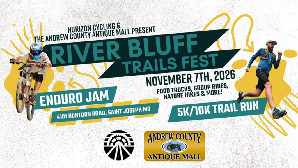 River Bluff Trails Fest 2026 in St. Joseph, Missouri, featuring a 5K and 10K trail run, Enduro JAM mountain biking, group rides, nature hikes, and more on November 7.