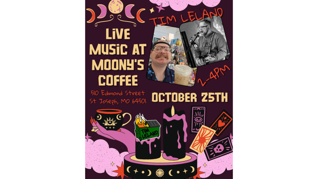 Tim Leland performing live at Moony’s Coffee during Mystic Fair in Downtown St. Joseph on Sunday, October 25, 2026, from 2:00 to 4:00 p.m.