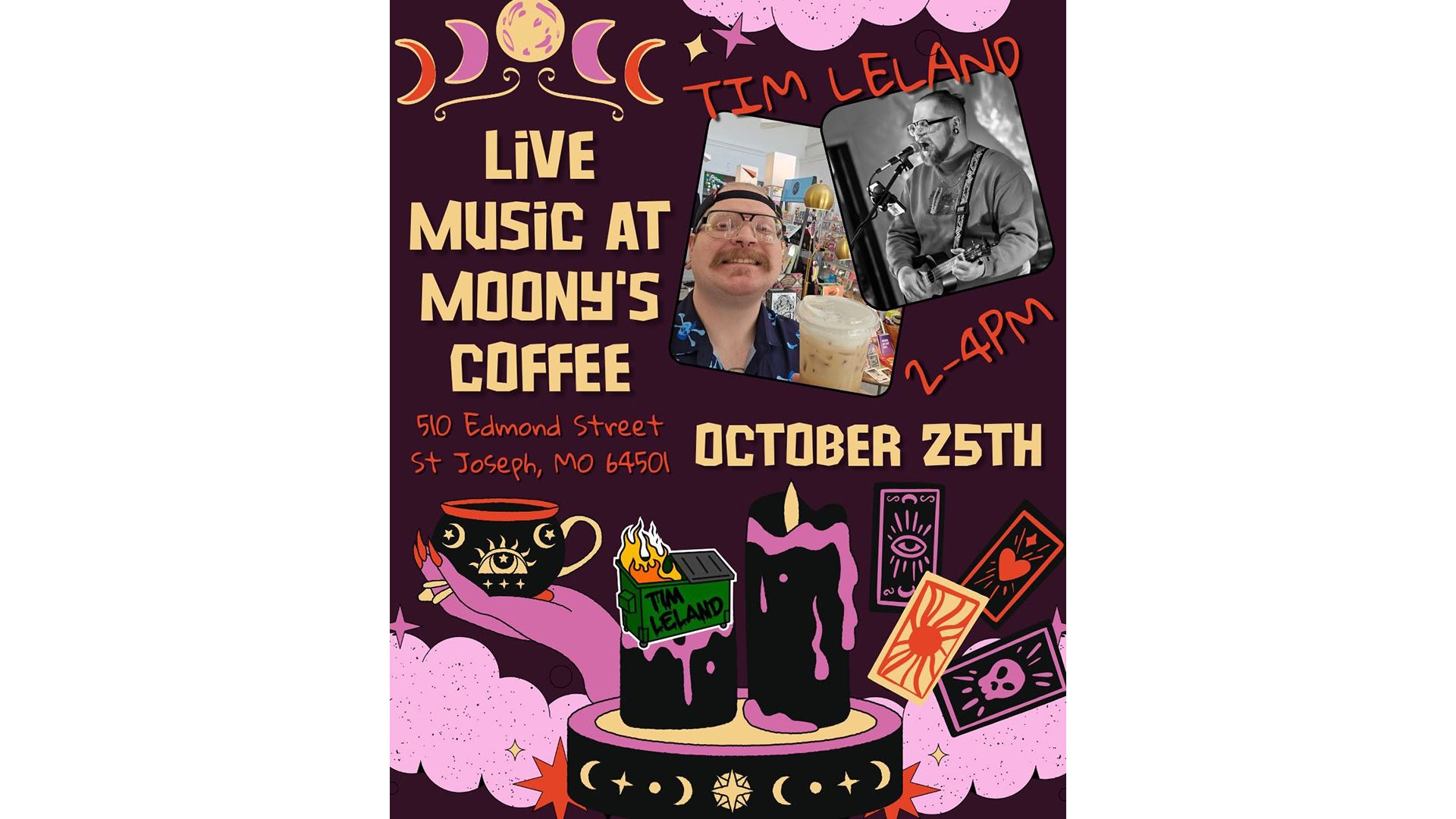 Tim Leland performing live at Moony’s Coffee during Mystic Fair in Downtown St. Joseph on Sunday, October 25, 2026, from 2:00 to 4:00 p.m.