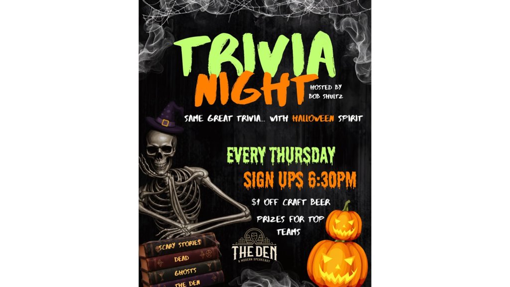 Trivia After Dark hosted by Bob Shultz at The Den's Scream at 519 Halloween pop-up bar in St. Joseph on October 15, 2026.