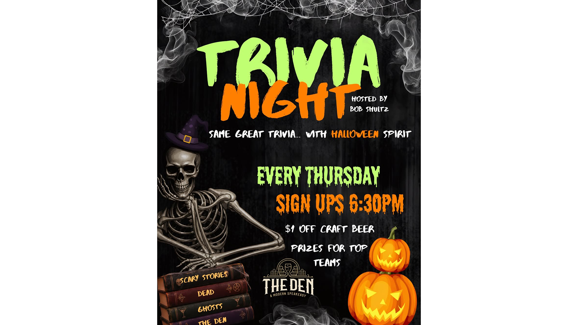 Trivia After Dark hosted by Bob Shultz at The Den's Scream at 519 Halloween pop-up bar in St. Joseph on October 15, 2026.