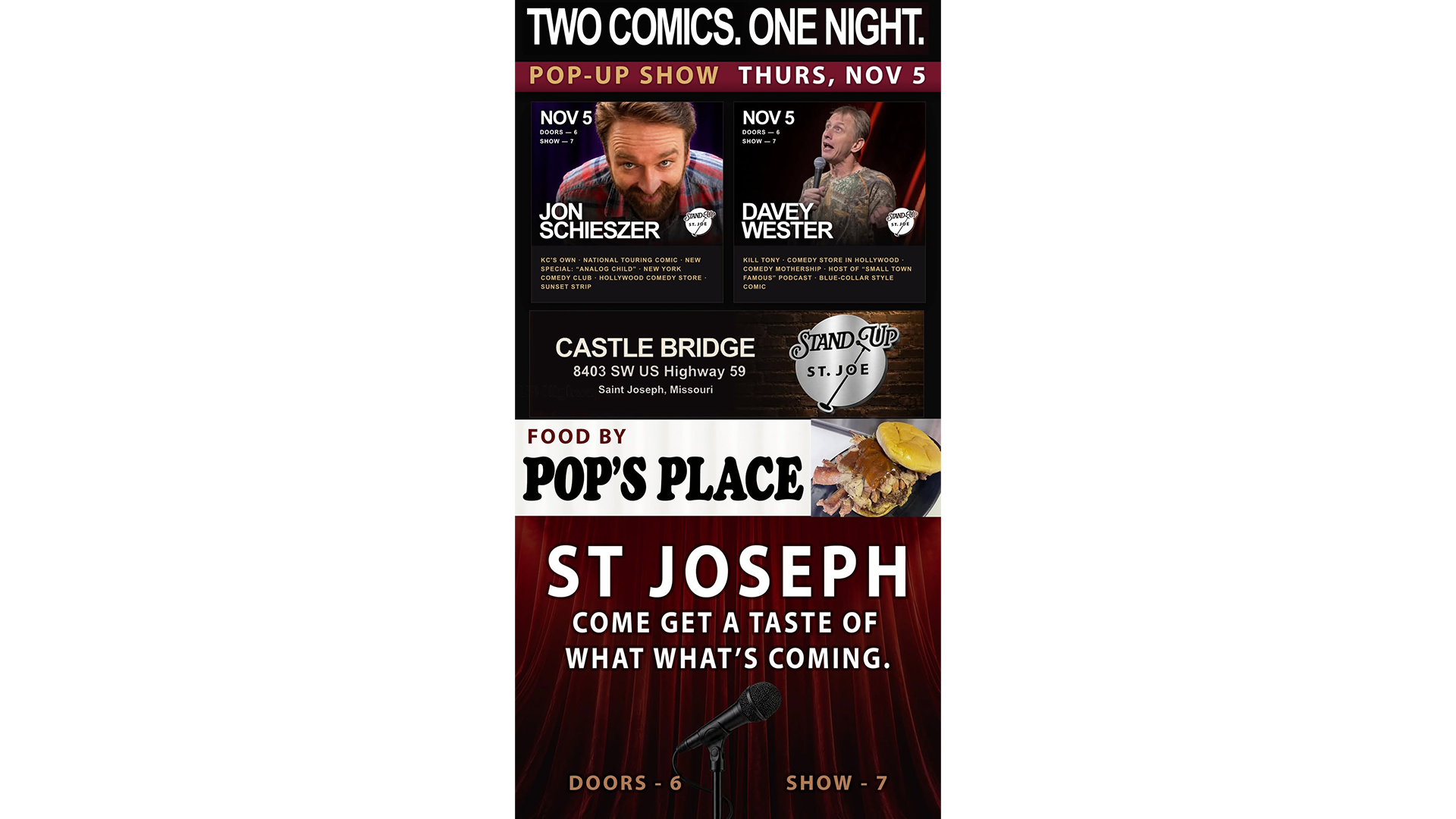 Stand Up St. Joe pop-up comedy show featuring Davey Wester and Jon Schieszer at Castle Bridge Event Center on November 5, 2026.