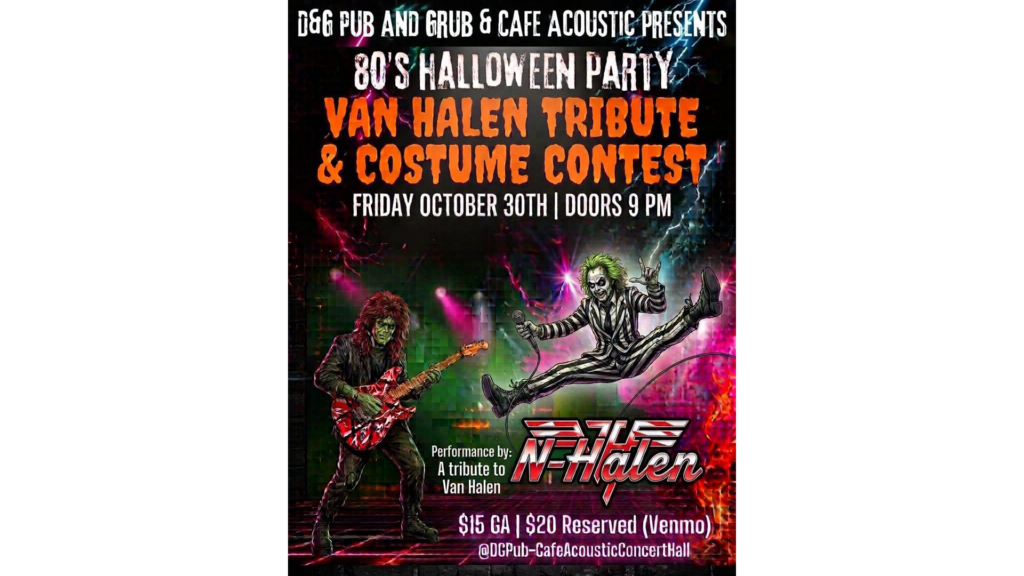 N-Halen Van Halen tribute and 80s Halloween costume party at Café Acoustic Concert Hall in St. Joseph on October 30, 2026.