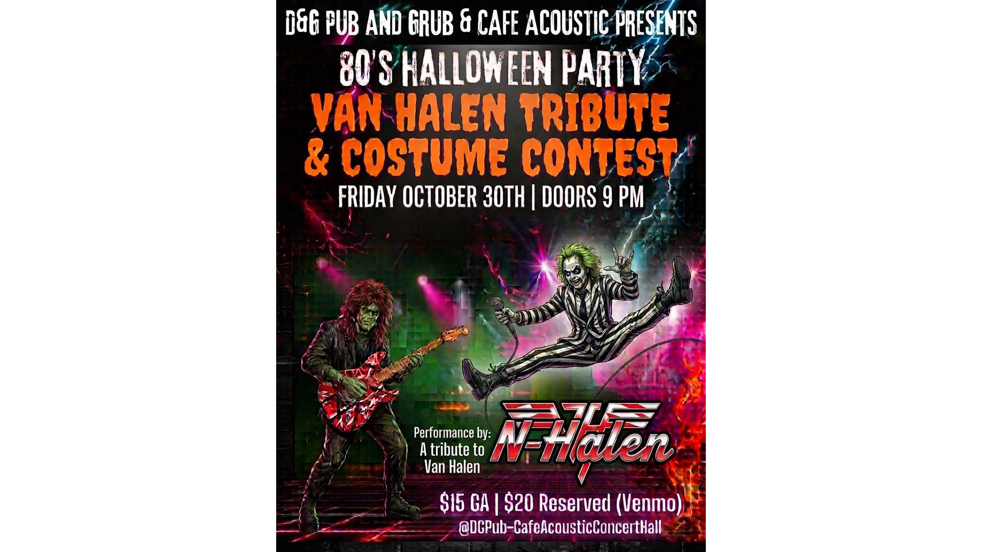 N-Halen Van Halen tribute and 80s Halloween costume party at Café Acoustic Concert Hall in St. Joseph on October 30, 2026.